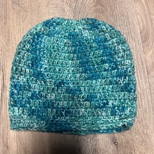 Handmade Blue and Green Crochet Beanie messy bun